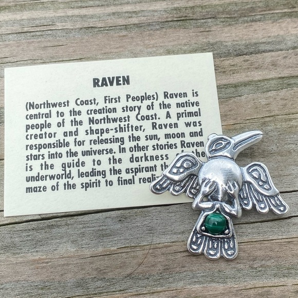Raven Pendant .925 Sterling Silver w/ genuine Malachite gemstone USA - Picture 5 of 13